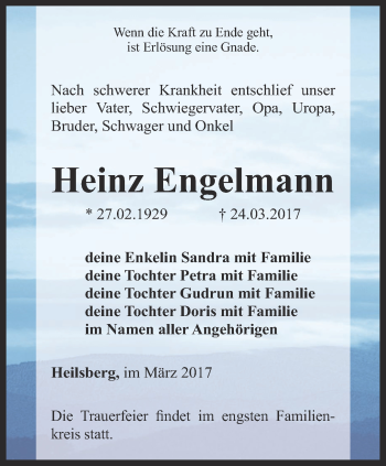 Traueranzeige von Heinz Engelmann von Ostthüringer Zeitung