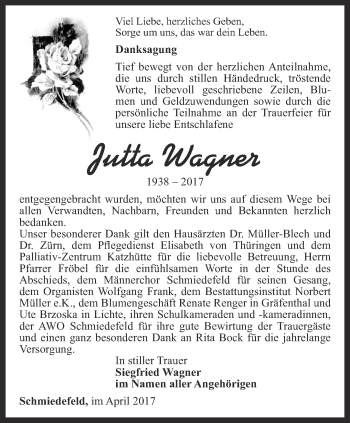 Traueranzeige von Jutta Wagner von Ostthüringer Zeitung