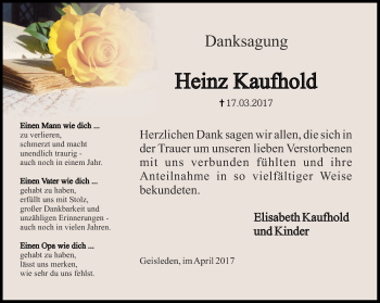 Traueranzeige von Heinz Kaufhold von Thüringer Allgemeine