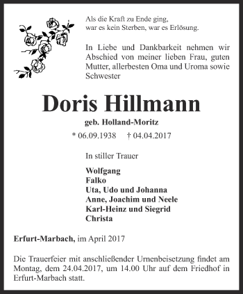 Traueranzeige von Doris Hillmann von Thüringer Allgemeine