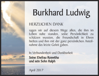 Traueranzeige von Burkhard Ludwig von Ostthüringer Zeitung, Thüringische Landeszeitung