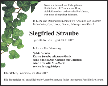 Traueranzeige von Siegfried Straube von Thüringer Allgemeine