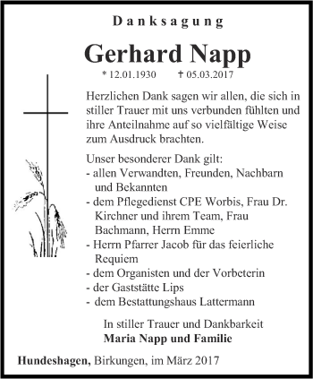 Traueranzeige von Gerhard Napp von Thüringer Allgemeine