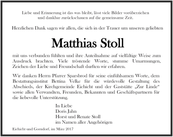 Traueranzeige von Matthias Stoll von Ostthüringer Zeitung