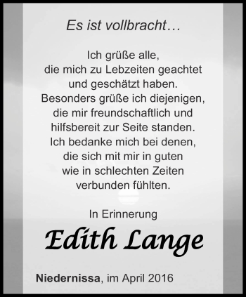 Traueranzeige von Edith Lange von Thüringer Allgemeine, Thüringische Landeszeitung