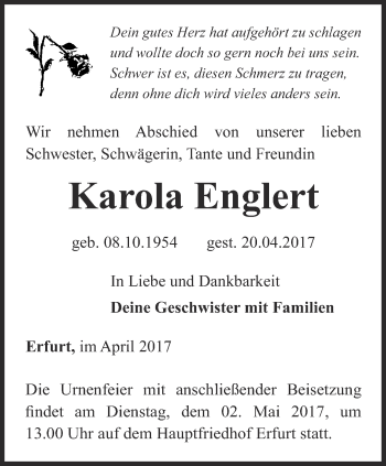Traueranzeige von Karola Englert von Thüringer Allgemeine, Thüringische Landeszeitung