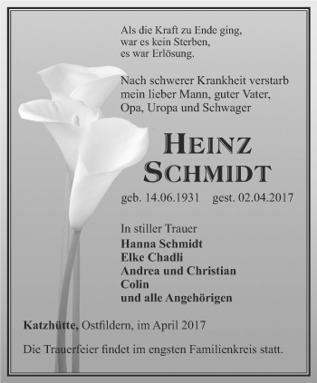 Traueranzeige von Heinz Schmidt von Ostthüringer Zeitung