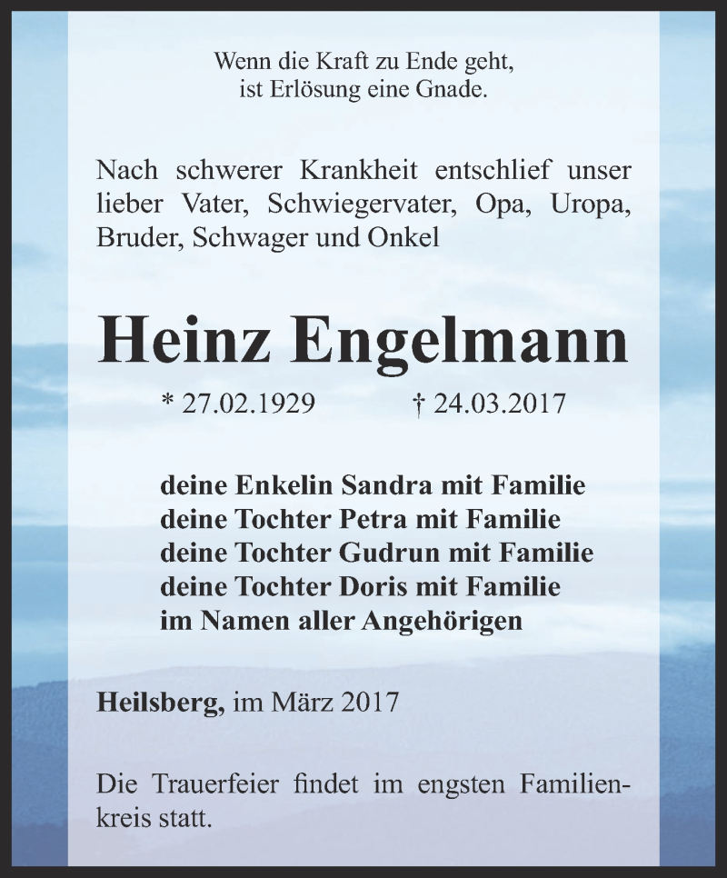  Traueranzeige für Heinz Engelmann vom 01.04.2017 aus Ostthüringer Zeitung