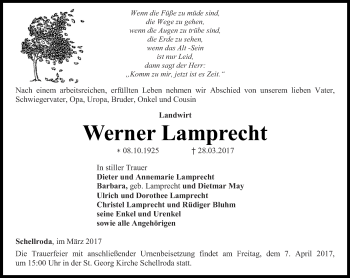 Traueranzeige von Werner Lamprecht von Thüringer Allgemeine, Thüringische Landeszeitung