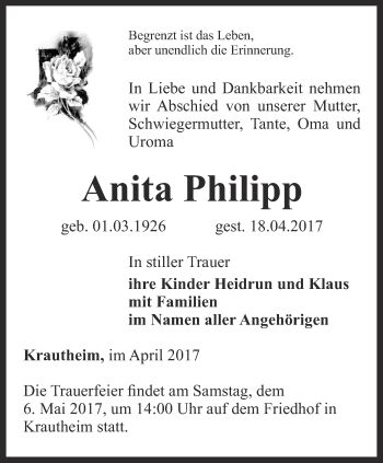 Traueranzeige von Anita Philipp von Thüringer Allgemeine, Thüringische Landeszeitung