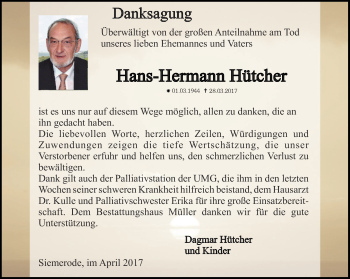 Traueranzeige von Hans-Hermann Hütcher von Thüringer Allgemeine