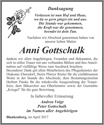 Traueranzeige von Anni Gottschalk von Ostthüringer Zeitung