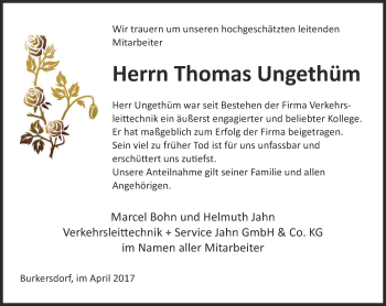 Traueranzeige von Thomas Ungethüm von Ostthüringer Zeitung, Thüringische Landeszeitung