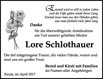 Traueranzeige von Lore Schlothauer von Thüringer Allgemeine, Thüringische Landeszeitung