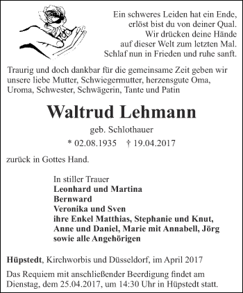 Traueranzeige von Waltrud Lehmann von Thüringer Allgemeine, Thüringische Landeszeitung