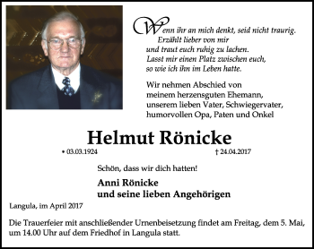 Traueranzeige von Helmut Rönicke von Thüringer Allgemeine, Thüringische Landeszeitung