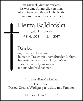 Traueranzeige von Herta Baldofski von Thüringer Allgemeine, Thüringische Landeszeitung