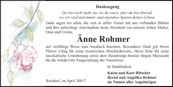 Traueranzeige von Änne Rohmer von Thüringer Allgemeine, Thüringische Landeszeitung