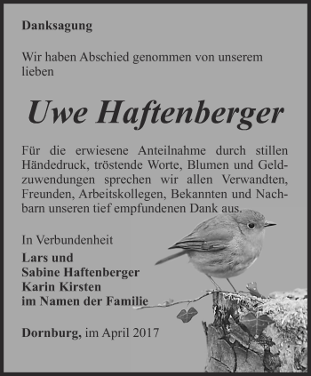 Traueranzeige von Uwe Haftenberger von Ostthüringer Zeitung, Thüringische Landeszeitung
