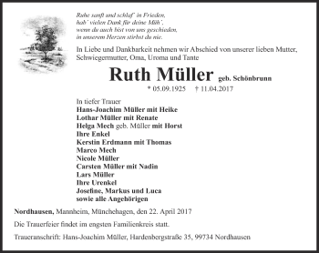 Traueranzeige von Ruth Müller von Thüringer Allgemeine