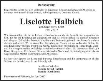 Traueranzeige von Liselotte Halbich von Ostthüringer Zeitung