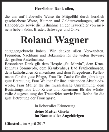 Traueranzeige von Roland Wagner von Thüringer Allgemeine