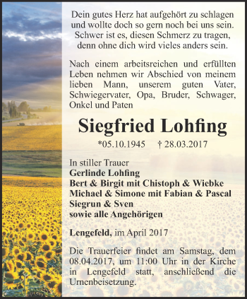 Traueranzeige von Siegfried Lohfing von Thüringer Allgemeine, Thüringische Landeszeitung
