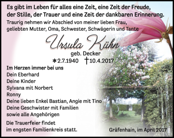 Traueranzeige von Ursula Kühn von Ostthüringer Zeitung, Thüringische Landeszeitung
