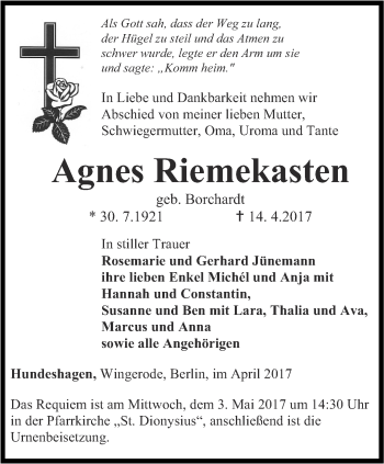 Traueranzeige von Agnes Riemekasten von Thüringer Allgemeine