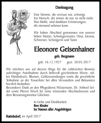 Traueranzeige von Eleonore Geisenhainer von Ostthüringer Zeitung