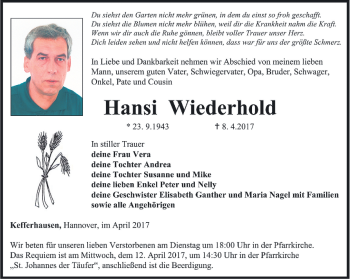 Traueranzeige von Hansi Wiederhold von Thüringer Allgemeine