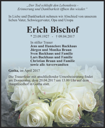 Traueranzeige von Erich Bischof von Ostthüringer Zeitung, Thüringische Landeszeitung