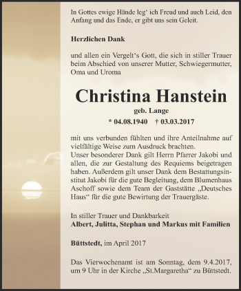 Traueranzeige von Christina  Hanstein von Thüringer Allgemeine, Thüringische Landeszeitung