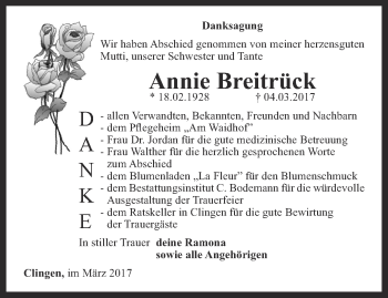 Traueranzeige von Annie Breitrück von Thüringer Allgemeine