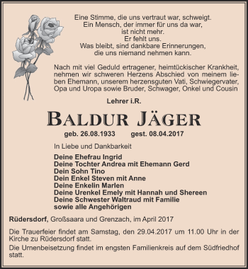 Traueranzeige von Baldur Jäger von Ostthüringer Zeitung