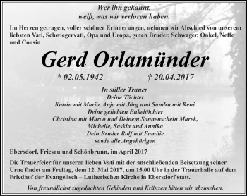 Traueranzeige von Gerd Orlamünder von Ostthüringer Zeitung