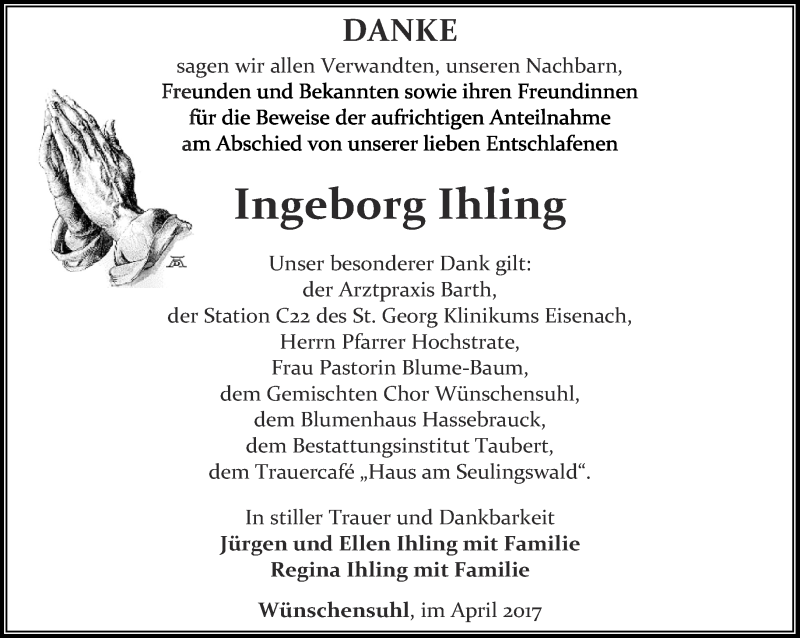  Traueranzeige für Ingeborg Ihling vom 22.04.2017 aus Thüringer Allgemeine, Thüringische Landeszeitung