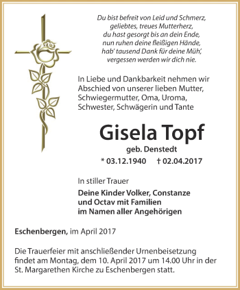 Traueranzeige von Gisela Topf von Ostthüringer Zeitung, Thüringische Landeszeitung
