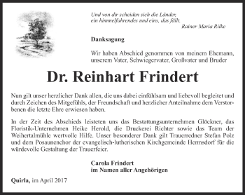 Traueranzeige von Reinhart Frindert von Ostthüringer Zeitung