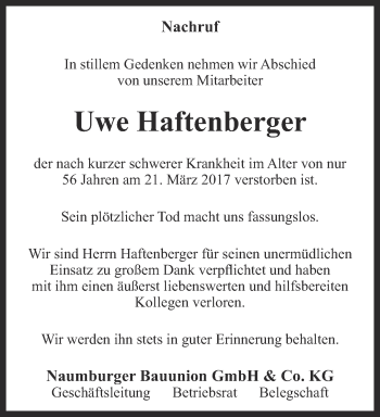 Traueranzeige von Uwe Haftenberger von Ostthüringer Zeitung, Thüringische Landeszeitung