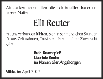 Traueranzeige von Elli Reuter von Ostthüringer Zeitung, Thüringische Landeszeitung