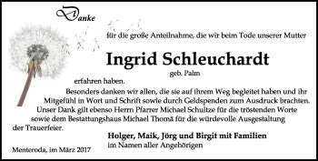 Traueranzeige von Ingrid Schleuchardt von Thüringer Allgemeine, Thüringische Landeszeitung