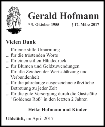 Traueranzeige von Gerald Hofmann von Ostthüringer Zeitung