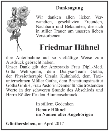 Traueranzeige von Friedmar Hähnel von Ostthüringer Zeitung, Thüringische Landeszeitung