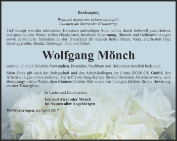 Traueranzeige von Wolfgang Mönch von Thüringer Allgemeine, Thüringische Landeszeitung