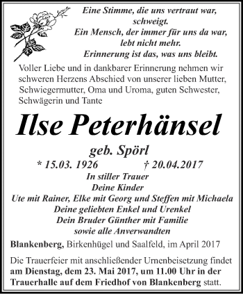 Traueranzeige von Ilse Peterhänsel von Ostthüringer Zeitung