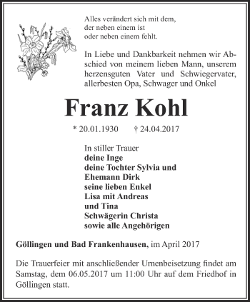 Traueranzeige von Franz Kohl von Thüringer Allgemeine