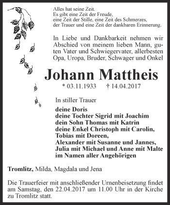 Traueranzeige von Johann Mattheis von Thüringer Allgemeine, Thüringische Landeszeitung