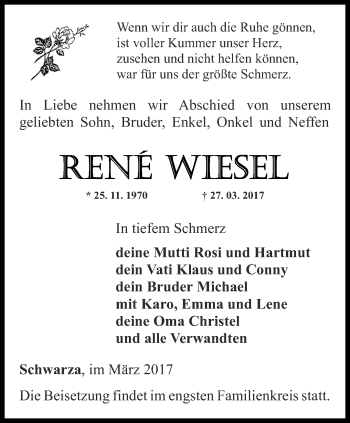 Traueranzeige von Rene Wiesel von Ostthüringer Zeitung