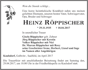 Traueranzeige von Heinz Röppischer von Ostthüringer Zeitung